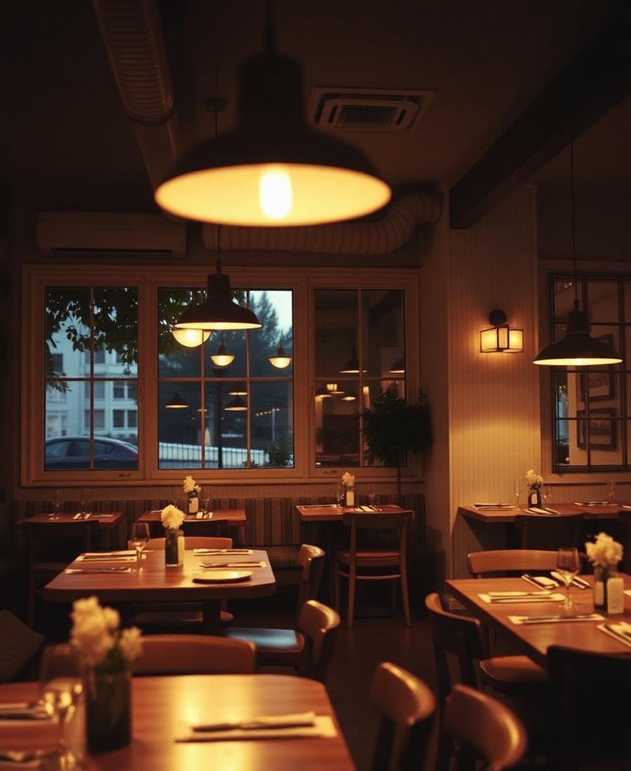 Varmt upplyst restauranginteriör på kvällen